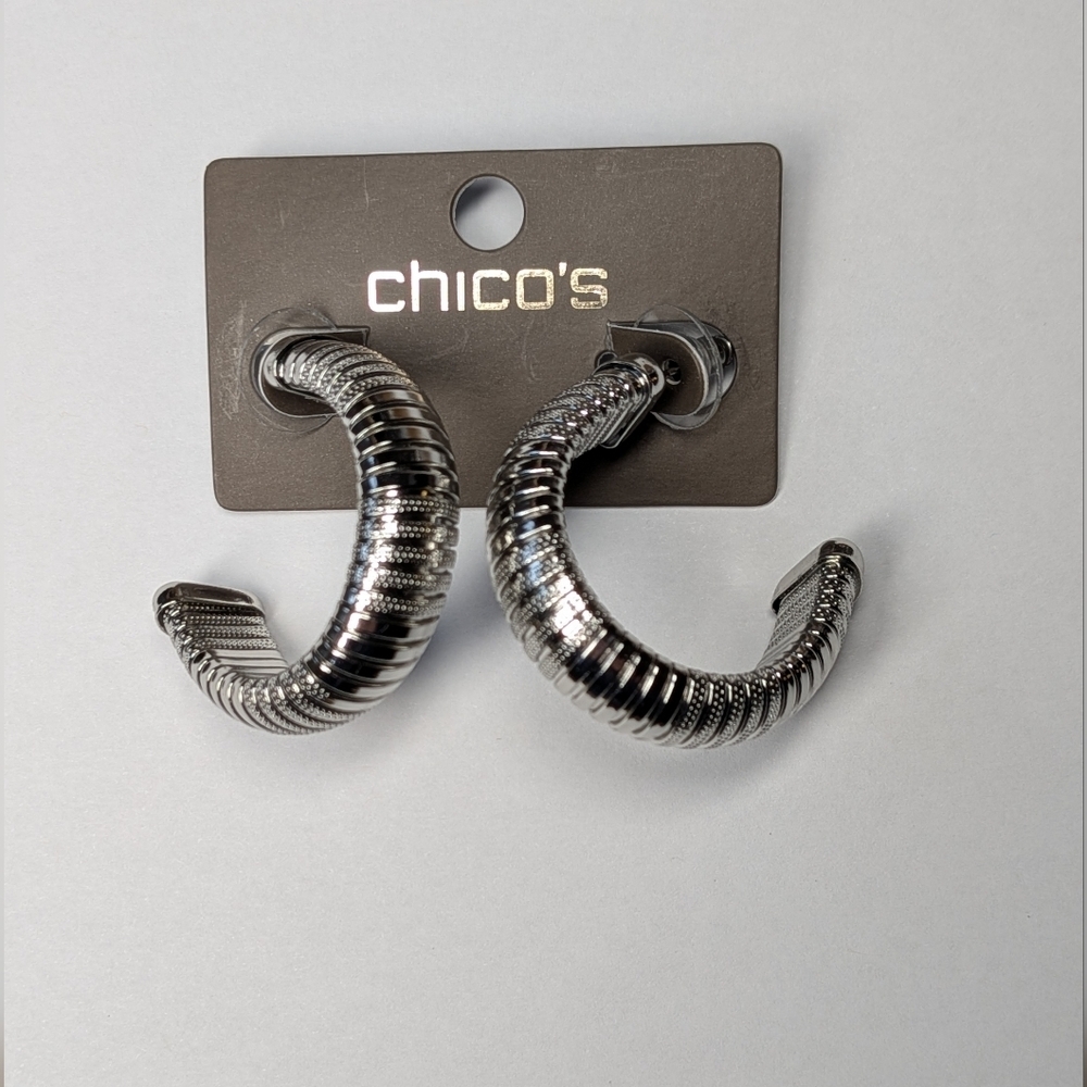 Chico's Silver Ribbed Hoop Earrings - Picture 2 of 3